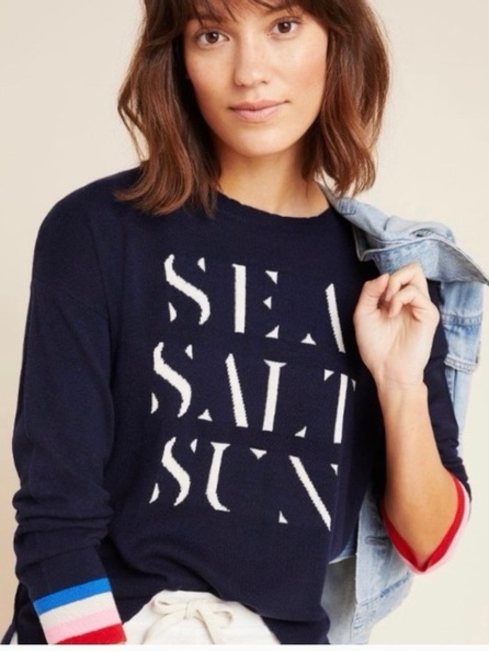 Sundry Navy Knit Sweater with White Lettering and Multicolor Cuff